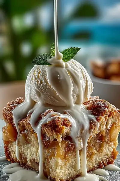 Warm caramel apple dump cake with golden cake topping and bubbling caramel showing through, topped with a scoop of vanilla ice cream melting over the side