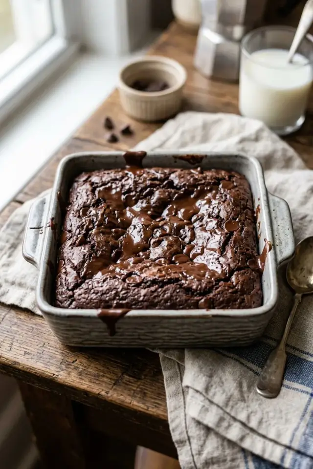 Fudgy microwave brownies cut into squares on parchment paper with melted chocolate chips visible