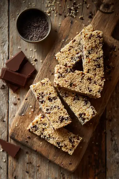 Stack of three salted quinoa granola bars showing crispy texture with visible almonds and coconut flakes
